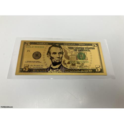 Golden Foil $5 Bill Collectible Replica Bank Note